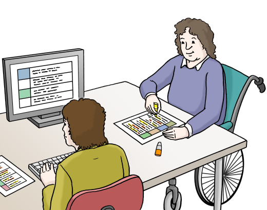 Zwei Frauen sitzen an einem Tisch. Eine der Frauen sitzt im Rollstuhl. DIe Frau im Rollstuhl markiert mit Textmarker Teile eines Textes. DIe andere Frau nutzt einen Computer.