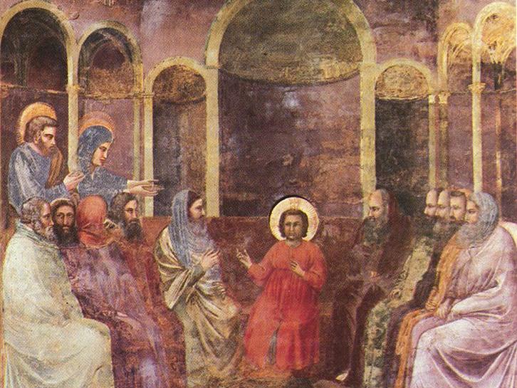 Auf dem Gemälde von Giotto (um 1267 bis 1337) sitzt Jesus in der Bildmitte, mit einem roten Gewand und einem prägnanten, goldfarbenen Heiligenschein. Offenbar spricht er, die Hände hat er halb erhoben. Links und rechts von ihm sitzen halbkreisförmig jeweils sechs bärtige Männer in verschiedenfarbigen Gewändern, die Jesus anblicken oder miteinander sprechen. Hinter Jesus und seinen Zuhörern nähern sich von links Josef und Maria, die die Hände nach Jesus ausstreckt; beide tragen blaugraue Gewänder und Heiligenscheine, die aber weniger deutlich sind als bei Jesus. Den Bildhintergrund bildet eine braunviolette Architektur mit goldfarbenen Rundbögen; die Szene spielt in einem Innenraum.