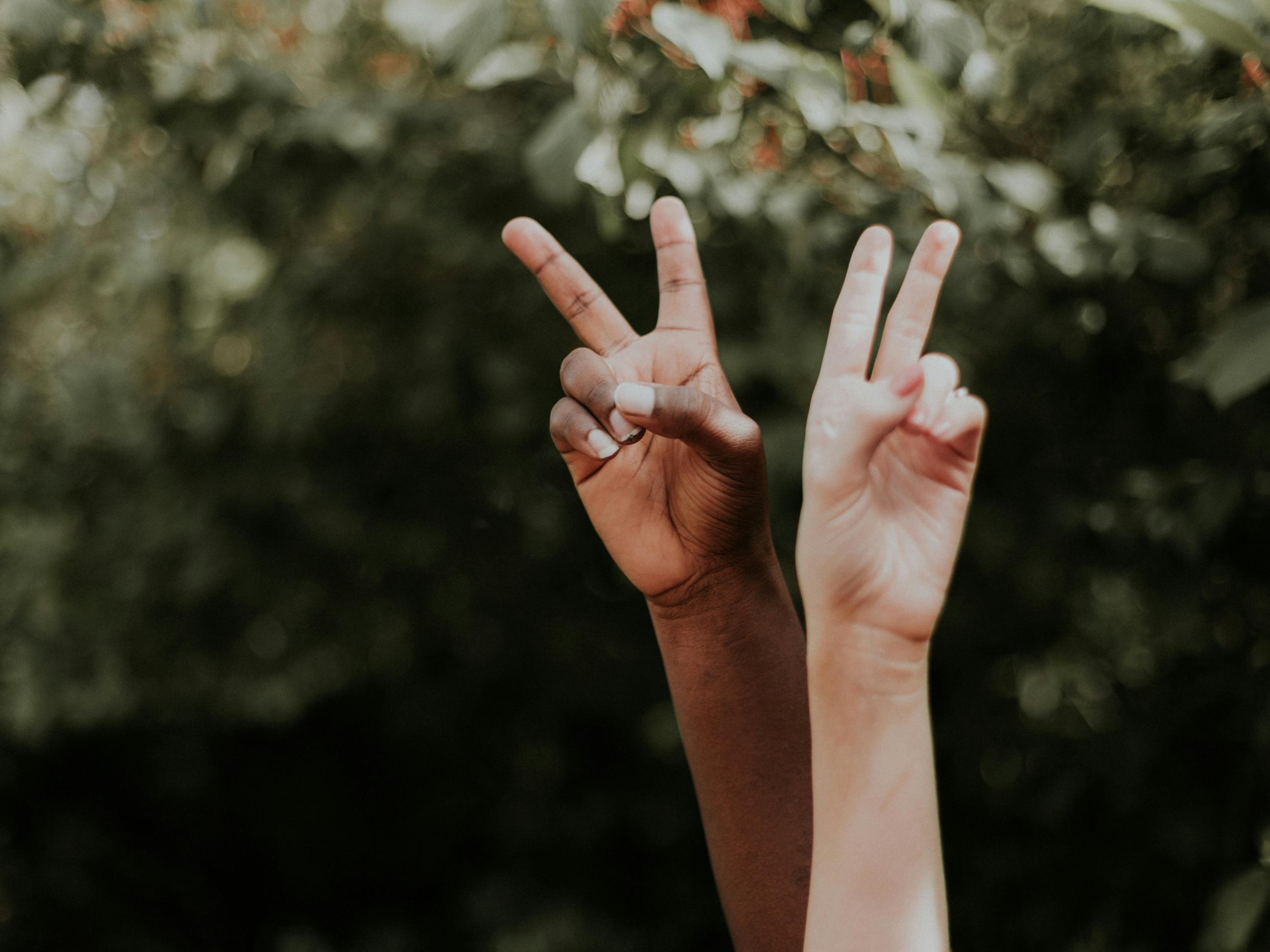Hände von zwei Personen, die das Peace-Zeichen mit den Fingern formen.