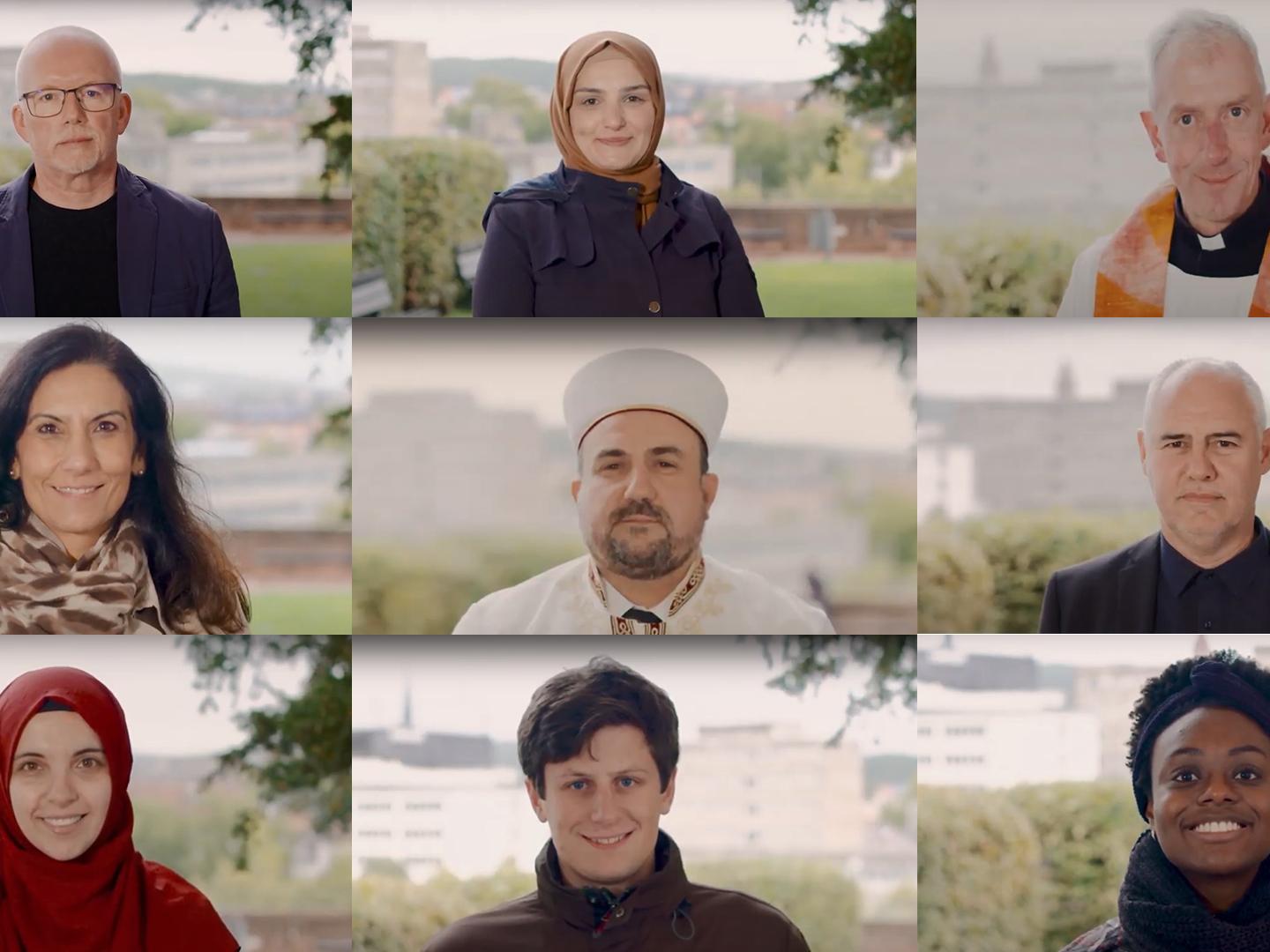 Vertreter mehrerer Religionen nahmen in Saarbrücken ein interreligiöses Gebet als Film auf. Foto: Collage aus Screenshots/uk/cl