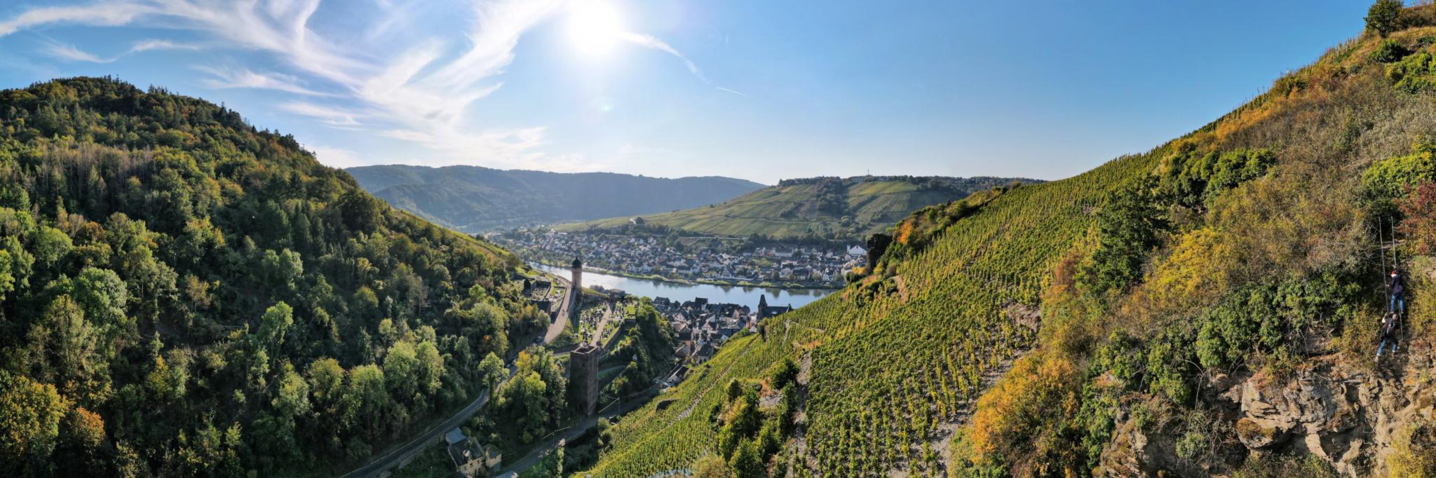 Blick von einem Seitental auf die Mosel mit Ortschaften