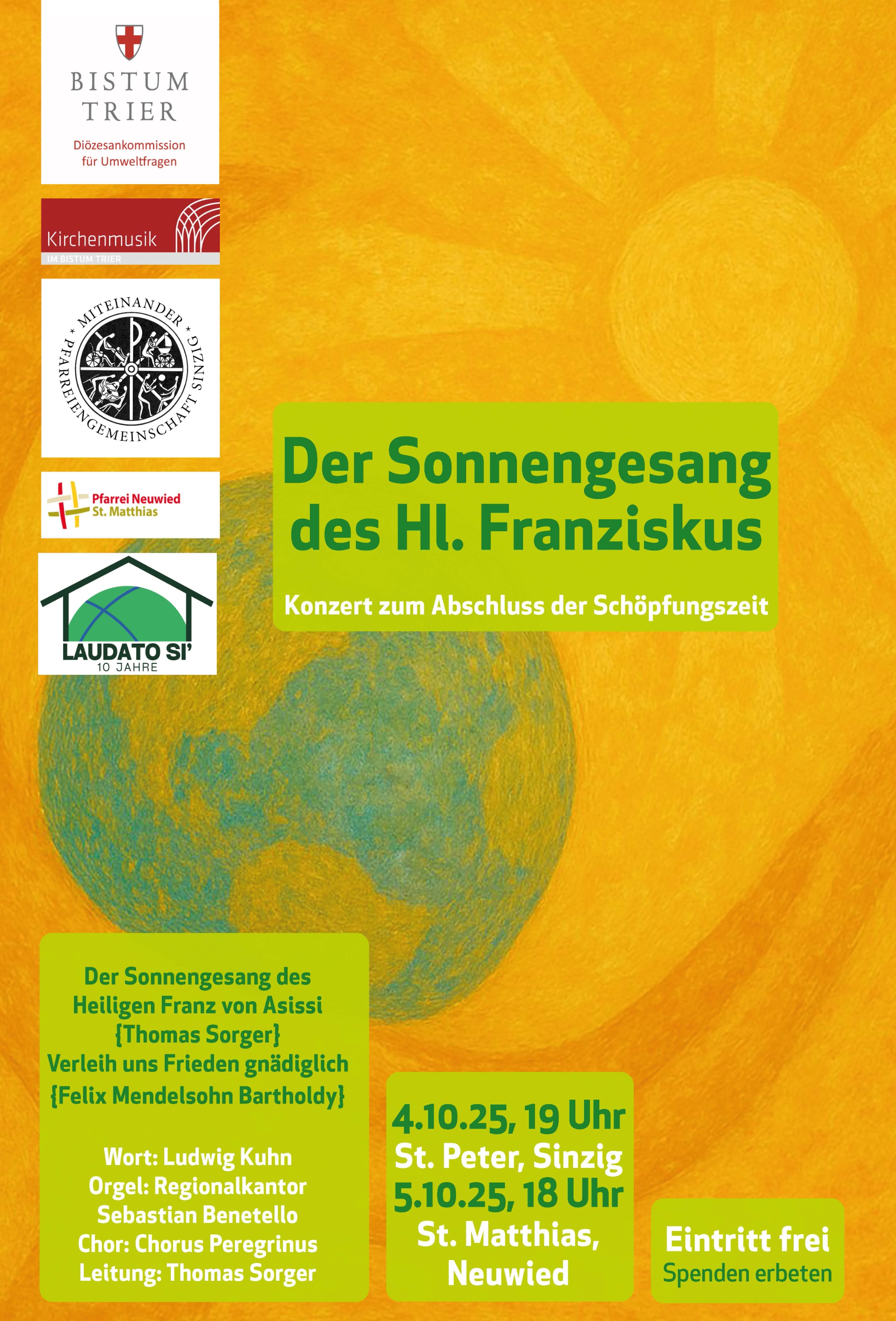 Das Plakat zum Konzert zeigt im Hintergrund eine Zeichnung einer gelb-orange-farbenen Sonne, die die Erdkugel erleuchtet. (c) Kirchenmusik im Bistum Trier Das Plakat zum Konzert zeigt im Hintergrund eine Zeichnung einer gelb-orange-farbenen Sonne, die die Erdkugel erleuchtet.