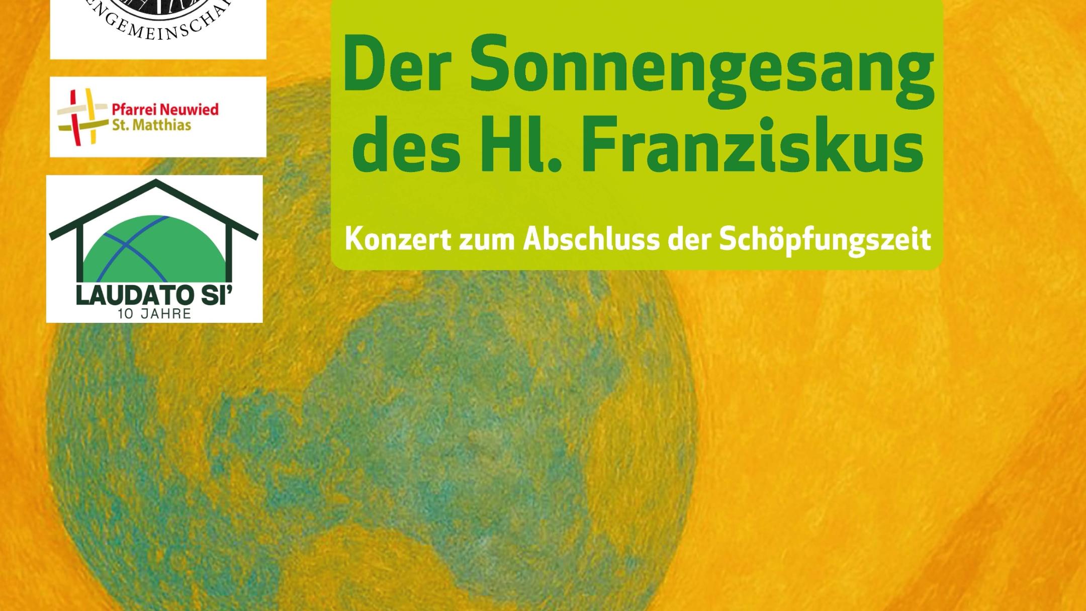Das Plakat zum Konzert zeigt im Hintergrund eine Zeichnung einer gelb-orange-farbenen Sonne, die die Erdkugel erleuchtet.