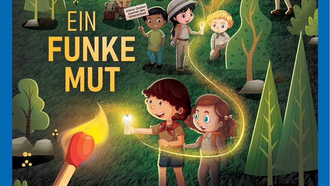 Die comicartige Zeichnung zeigt viele Kinder in Pfadfinderkluft aus verschiedenen Kulturen, die das Friedenslicht - in der Natur - begeistert weiterreichen.