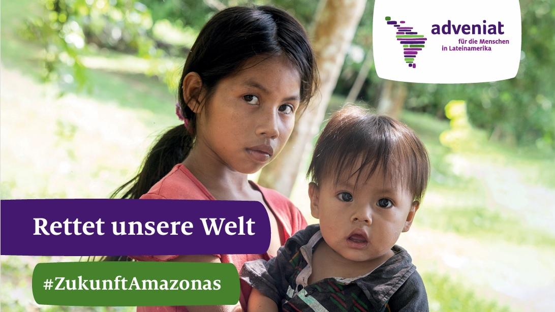 Das Bild zeigt zwei Kinder im Amazonasgebiet, die mit großen, dunklen Augen den Betrachter um Hilfe bitten.