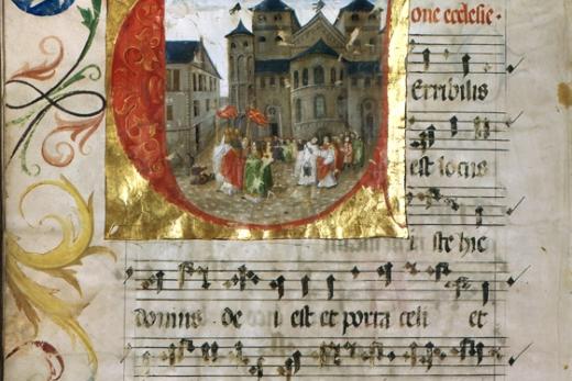 Erste Seite des Eingangsverses zur Weiheliturgie des Trierer Doms (DE BATr Abt. 95 Nr. 463a, fol 182v)