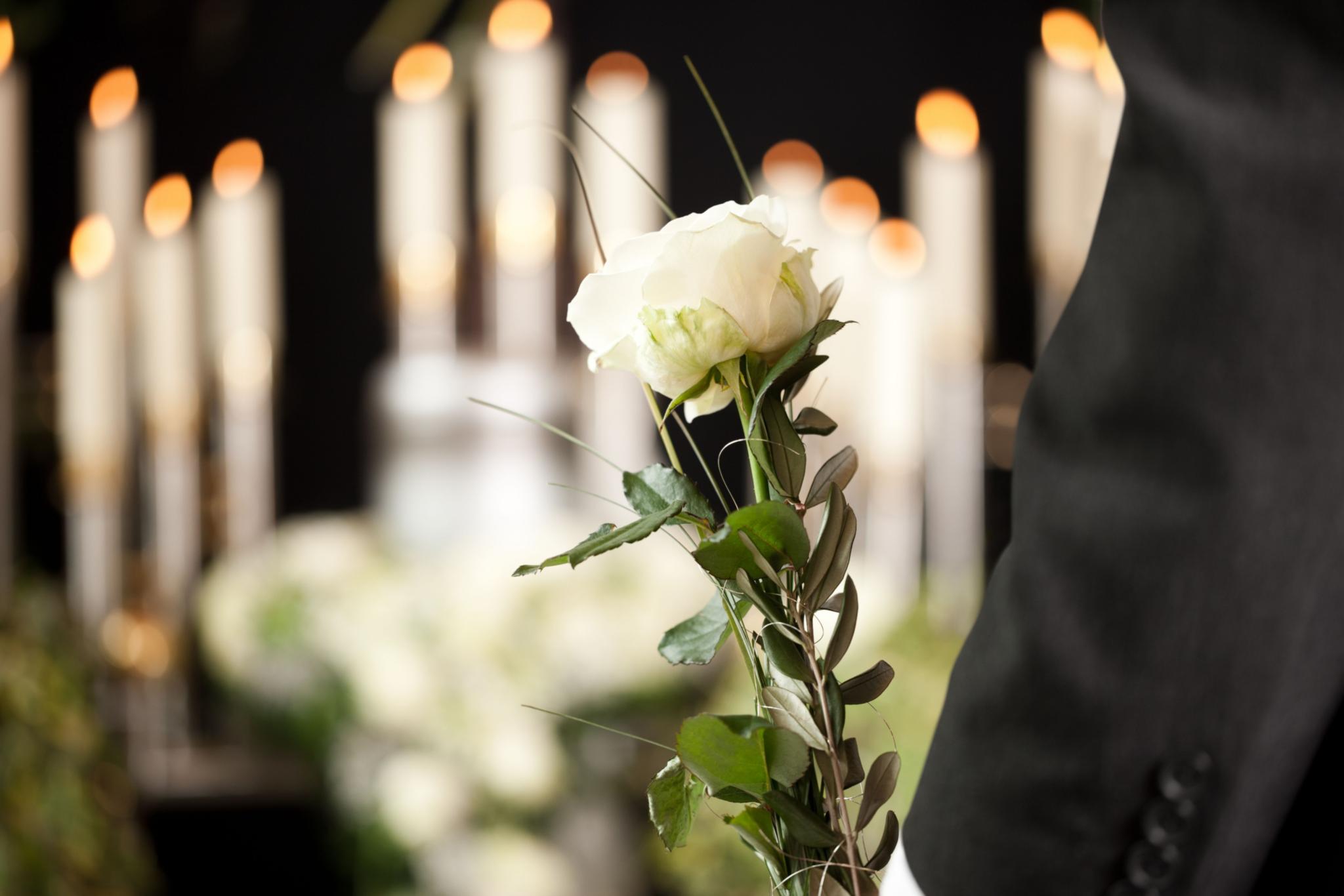weiße Rose vor brennenden Kerzen