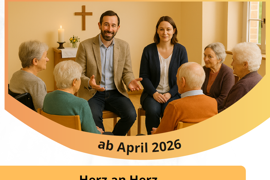 eine Gruppe Senioren sitzt in einem Gottesdienstkreis mit einem Diakon und einer Seelsorgerin zusammen