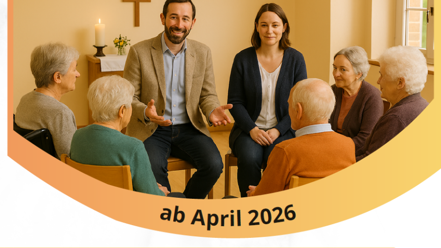 eine Gruppe Senioren sitzt in einem Gottesdienstkreis mit einem Diakon und einer Seelsorgerin zusammen