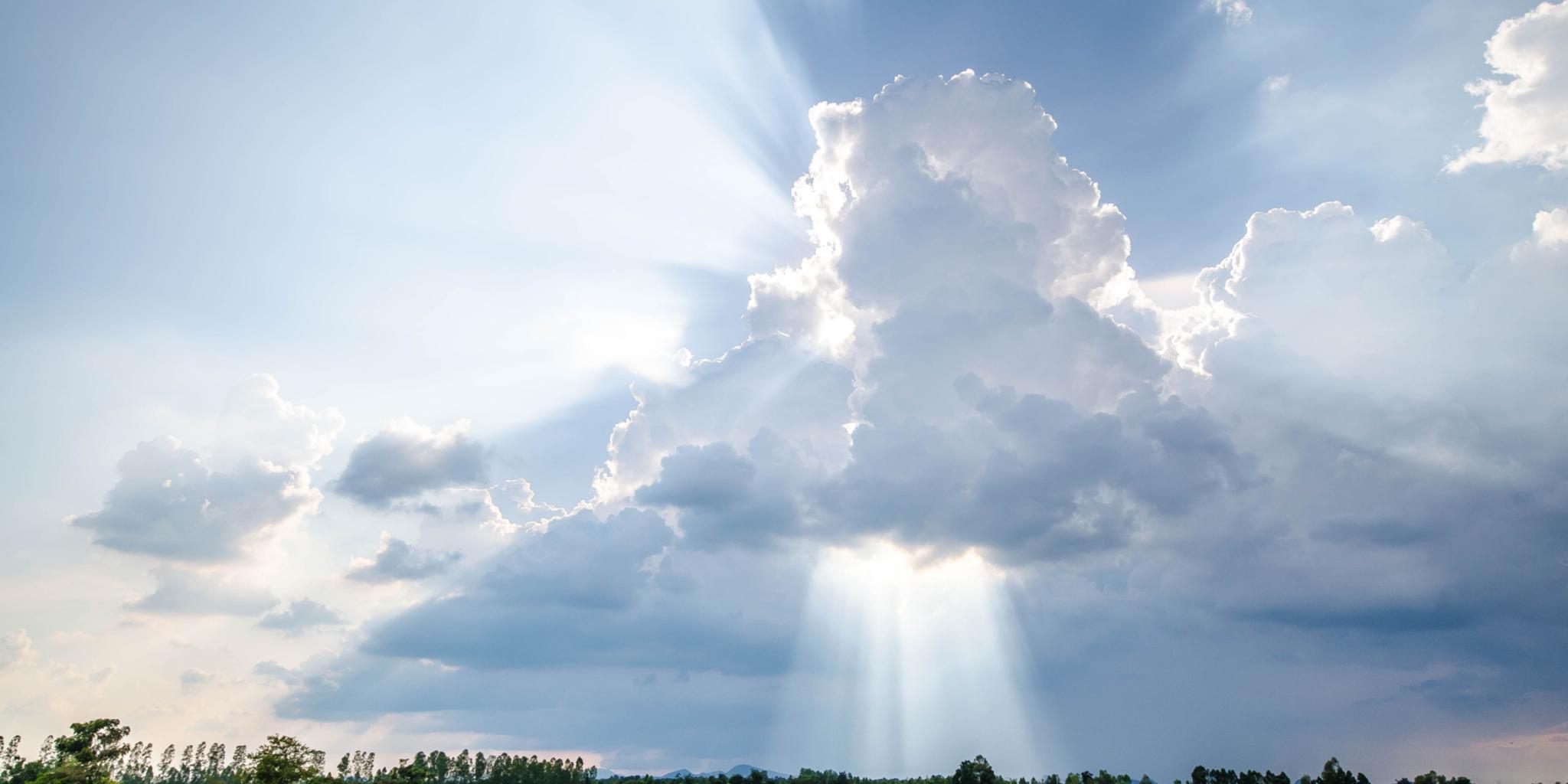 Sonnenstrahlen brechen durch weiße Wolken und beleuchten eine saftig grüne Wiese mit einer Waldgrenze im Hintergrund
