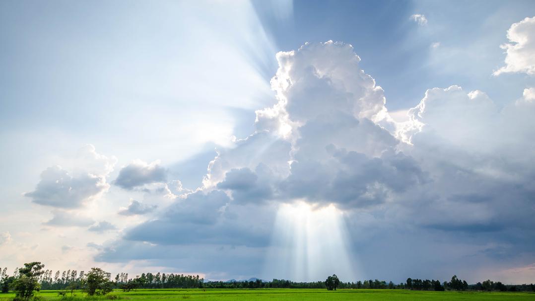 Sonnenstrahlen brechen durch weiße Wolken und beleuchten eine saftig grüne Wiese mit einer Waldgrenze im Hintergrund