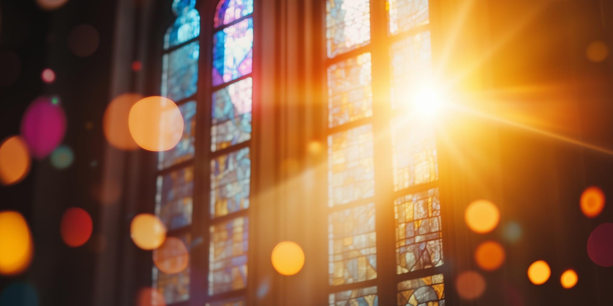 Kirchenfenster mit orangen Lichtreflexen