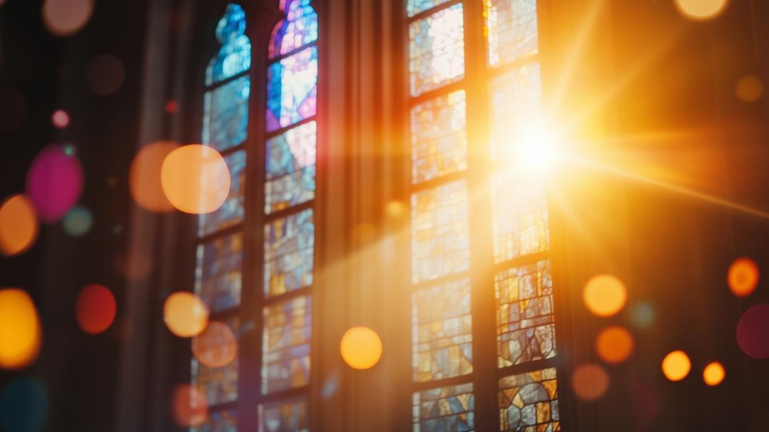 Kirchenfenster mit orangen Lichtreflexen
