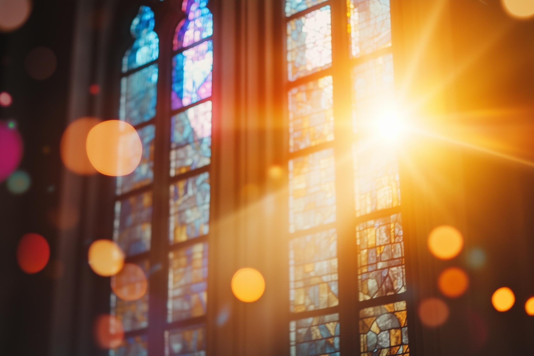 Kirchenfenster mit orangen Lichtreflexen