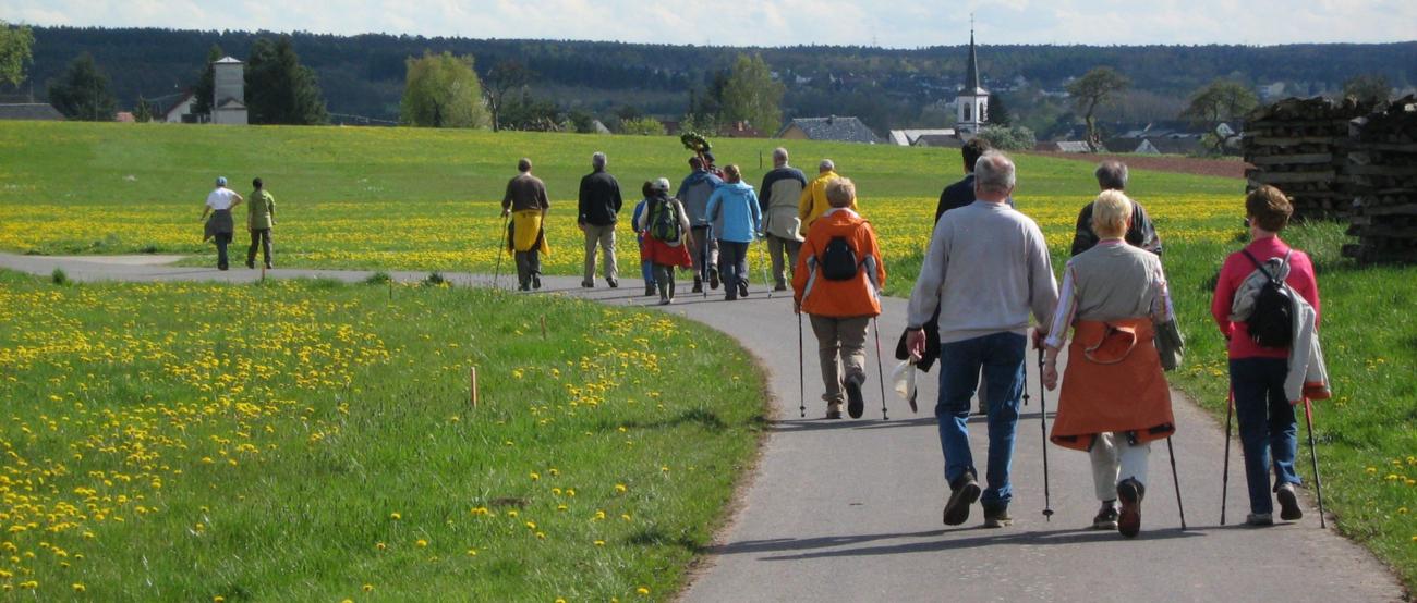 Pilgerer auf gehen auf einem Weg, der durch eine Wiese mit gelben Blumen verläuft.