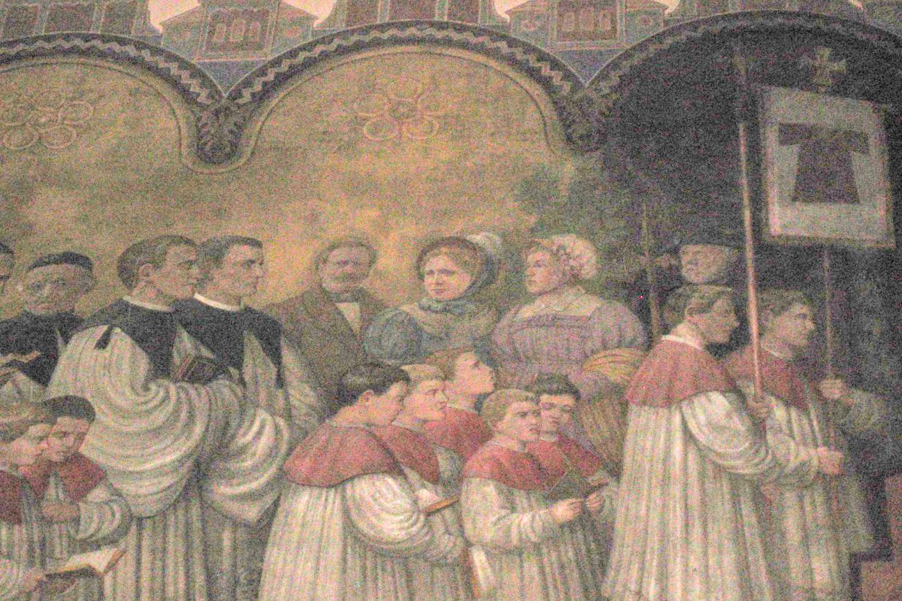 Heimkehr der Tunika (Heilig Rock-Reliquie) nach Trier - Wandgemälde in St. Peter Merzig. Eine Prozession von Priestern bei der Fahen getragen werden, auf denen der Heilige Rock abgebildet ist.