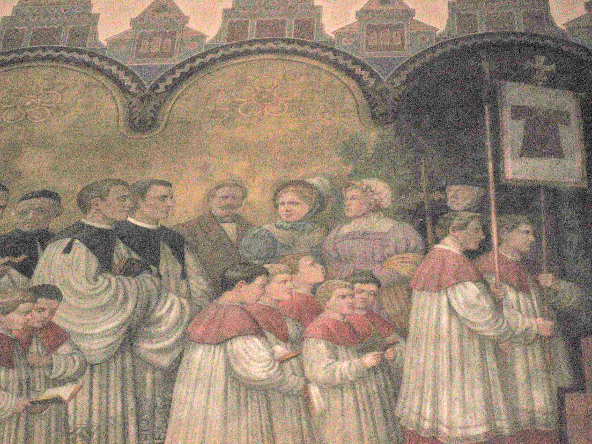 Heimkehr der Tunika (Heilig Rock-Reliquie) nach Trier - Wandgemälde in St. Peter Merzig. Eine Prozession von Priestern bei der Fahen getragen werden, auf denen der Heilige Rock abgebildet ist.