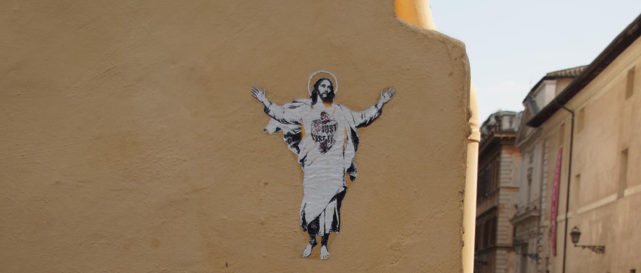 Zu sehen ist ein Jesus, der von einem Graffitikünstler auf eine Wand gesprüht wurde