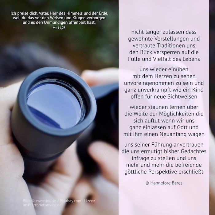 Eine Person schaut durch ein Fernglas, daneben steht der Impulstext (c) Hannelore Bares Eine Person schaut durch ein Fernglas, daneben steht der Impulstext