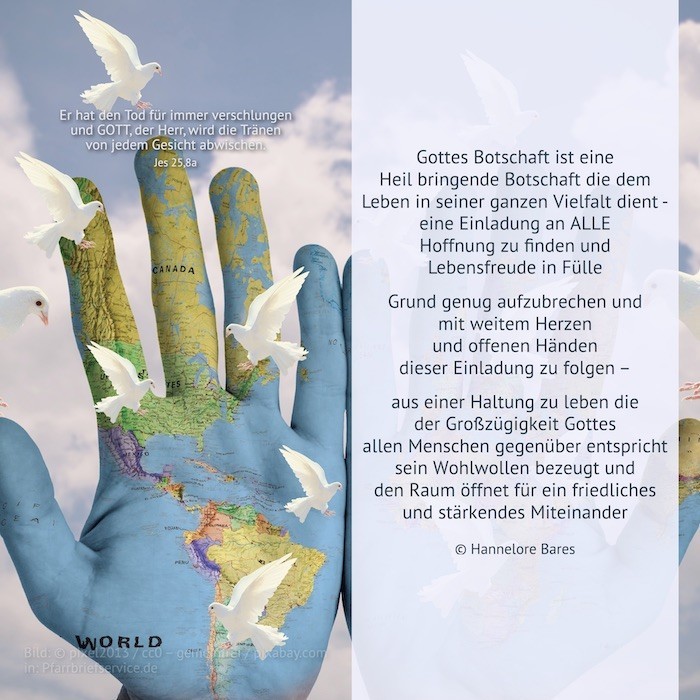 Bildimpuls 28.Sonntag (c) Hannelore Bares Eine Hand, die wie ein Globus bemalt ist umringt von weißen Tauben, daneben steht der Impulstext