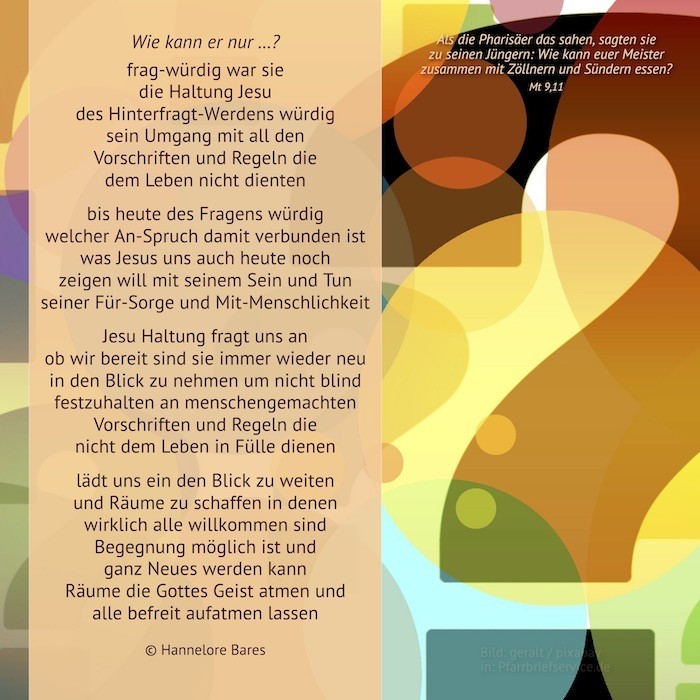 Eine farbige Grafik in Form eines Fragezeichens, daneben steht der Impulstext