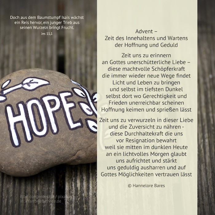 Ein bemalter Stein mit der Aufschrift 'Hope' und verzierten Ranken samt Blättern.