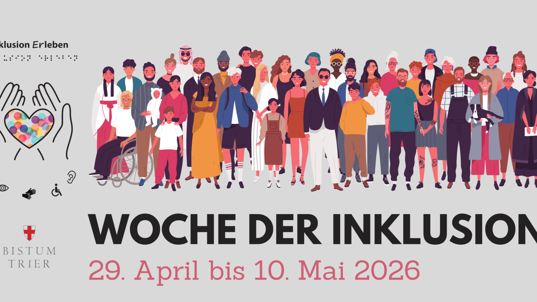 Banner zur Woche der inklusion vom 29.04.-10.05.2026. Zu sehen ist eine bunte Gruppe von vielen verschiedenen Menschen.
