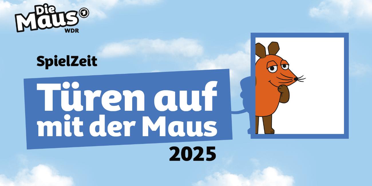 DieMaus Tueren auf mit der Maus 2025 Onlinebanner Quer (c) WDR Logo des Maus Türöffnertages 2025 - Die Maus schaut durch einen Rahmen hindurch,