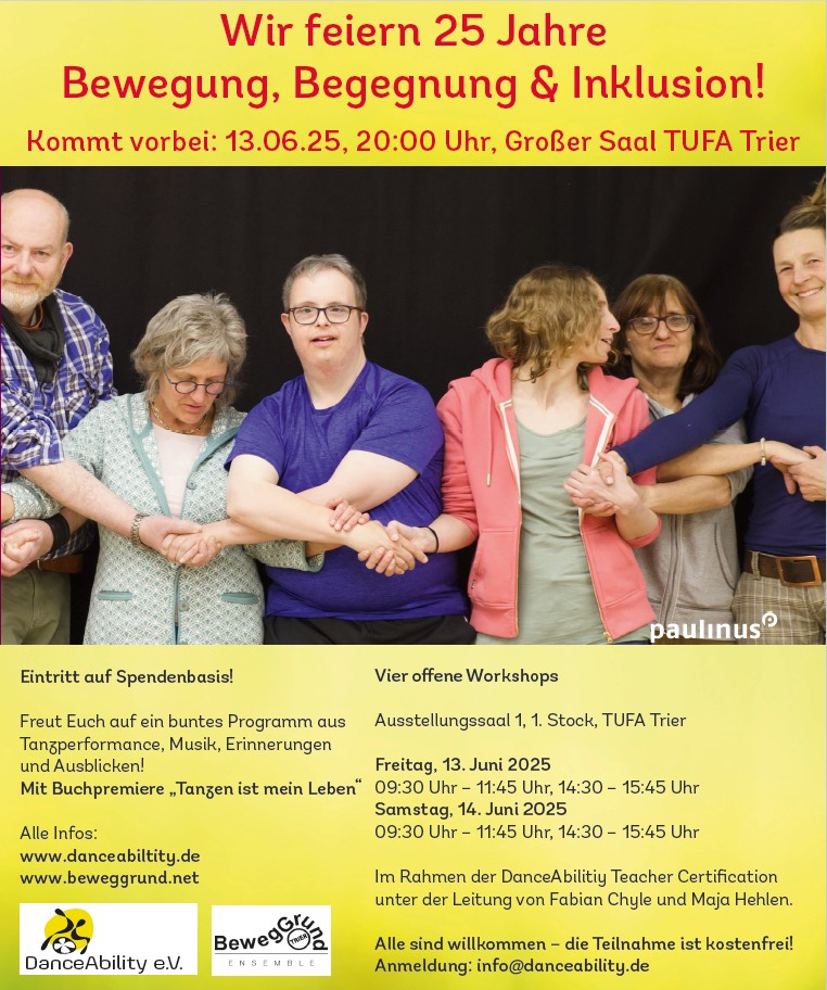 Plakat Einladung zu 25 JAhre DanceAbility und Beweggrund Trier