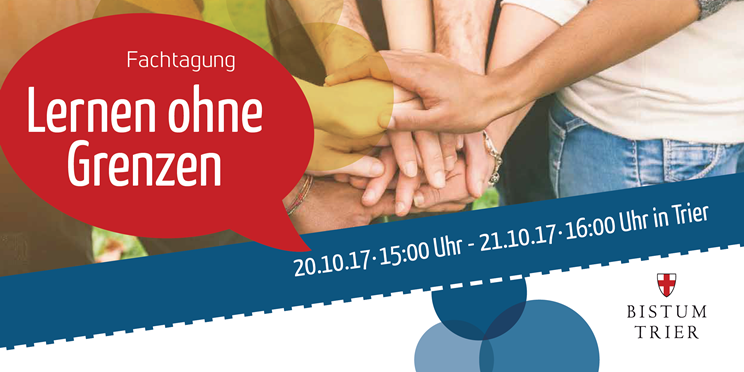 Auf dem Bild ist das Plakat der Fachtagung Lernen ohne Grenzen des Arbeitsfeld Inklusion aus dem Jahr 2017 zu sehen. Verschiedene Menschen haben ihre Hände abwechselnd aufeinander liegen.