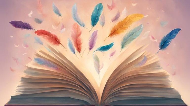 Das Bild zeigt ein aufgeschlagenes Buch, aus dem viele bunte Federn fliegen.