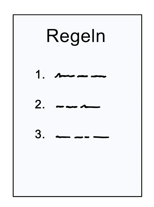 EIn weißes Blatt Papier, auf dem 'Regeln' steht. Darunter steht 1., 2., 3.. Die drei Regeln sind als Striche dargestellt.