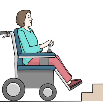 Eine Frau sitzt in einem ektrischen Rollstuhl. Sie steht vor einer Treppe und kann nicht mehr weiterfahren. Sie zeigt ein ärgerliches Gesicht.