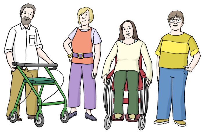 Vier Personen stehen nebeneinander. Die Personen schauen freundlich geradeaus. Eine Frau sitzt in einem Rollstuhl. Ein Mann stützt sich auf einen Rollator.
