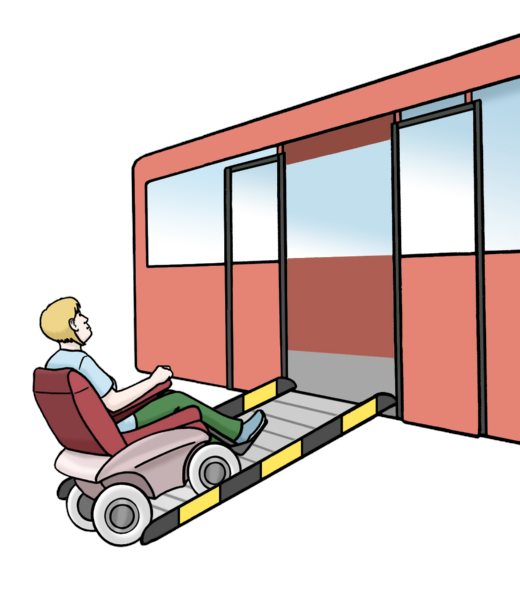 Ein Mann fährt mit dem elektrischen Rollstuhl über eine Rampe in eine Straßenbahn.