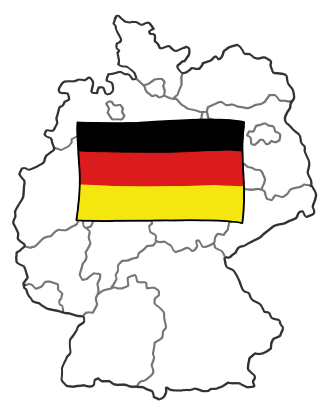 Über einer Deutschlandkarte liegt eine Deutschladfahne mit horizontalen Streifen in Schwarz, Rot und Gelb.