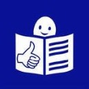 Das Bild zeigt das europäische Logo für leichte Sprache. Auf einem blauen Quadrat ist eine Grafik des Kopfes eines weißen Männchens mit weißem Heft zu sehen. Auf dem Heft ist links ein weißer Daumen nach oben zu sehen, rechts im Heft sind blaue Zeilen abgebildet.