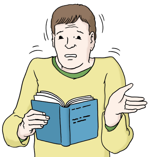 Ein Mann hält ein Buch in seiner rechten Hand. Die linke Hand streckt er verwundert aus und schaut ratlos.
