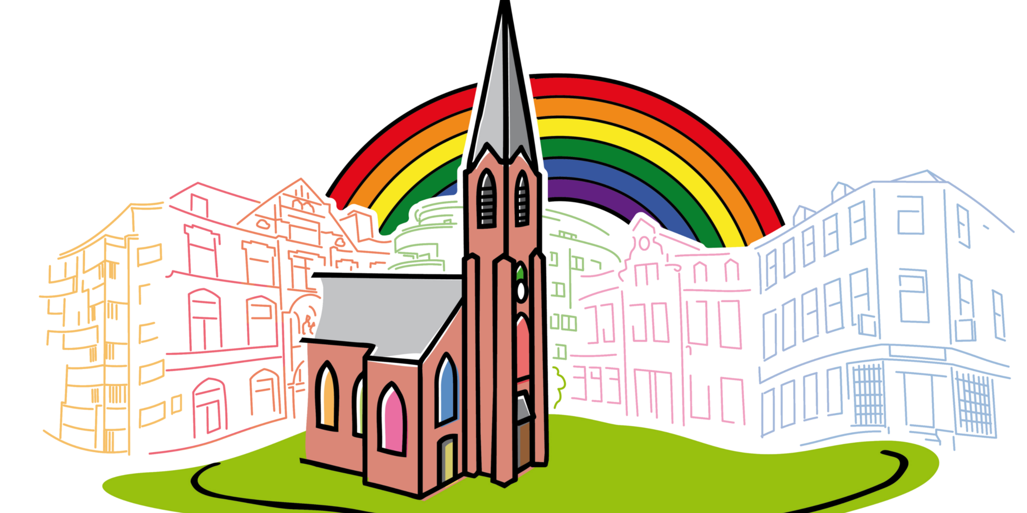 Man sieht eine Zeichnung einer Kirche mit Regenbogen im Hintergrund und angedeuteten Häusern.