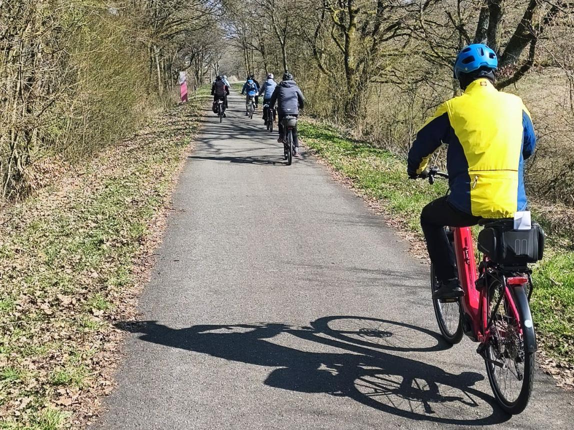 Mehrere Personen fahren mit Fahrrädern auf einem asphaltierten Weg durch eine baumreiche Landschaft. Der Weg ist von kahlen, frühsaisonalen Bäumen und niedrigem Gebüsch gesäumt. Im Vordergrund fährt eine Person auf einem roten E‑Bike, getragen wird ein blau‑gelber Fahrradhelm und eine passende Jacke. Weiter vorn auf dem Weg radelt eine Gruppe in lockerer Formation. Die Sonne wirft deutliche Schatten der Fahrräder auf den Boden. Rechts und links des Weges liegen trockene Blätter und Grasflächen, die Umgebung wirkt ruhig und ländlich.