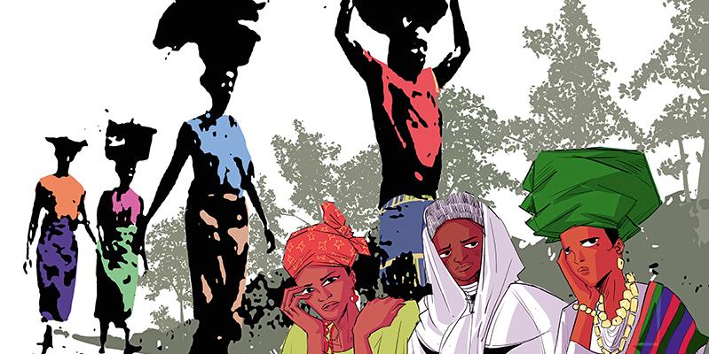 Künstlerische Illustration von Frauen in farbenfroher traditioneller Kleidung, einige sitzend im Vordergrund, andere als Silhouetten mit getragenen Lasten im Hintergrund.