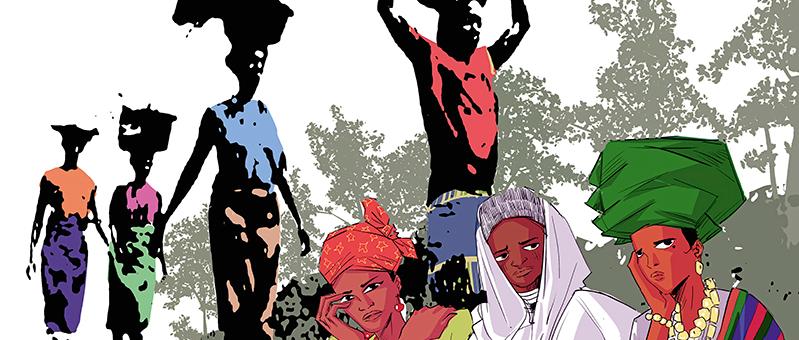 Künstlerische Illustration von Frauen in farbenfroher traditioneller Kleidung, einige sitzend im Vordergrund, andere als Silhouetten mit getragenen Lasten im Hintergrund.