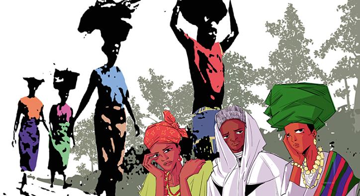 Künstlerische Illustration von Frauen in farbenfroher traditioneller Kleidung, einige sitzend im Vordergrund, andere als Silhouetten mit getragenen Lasten im Hintergrund.