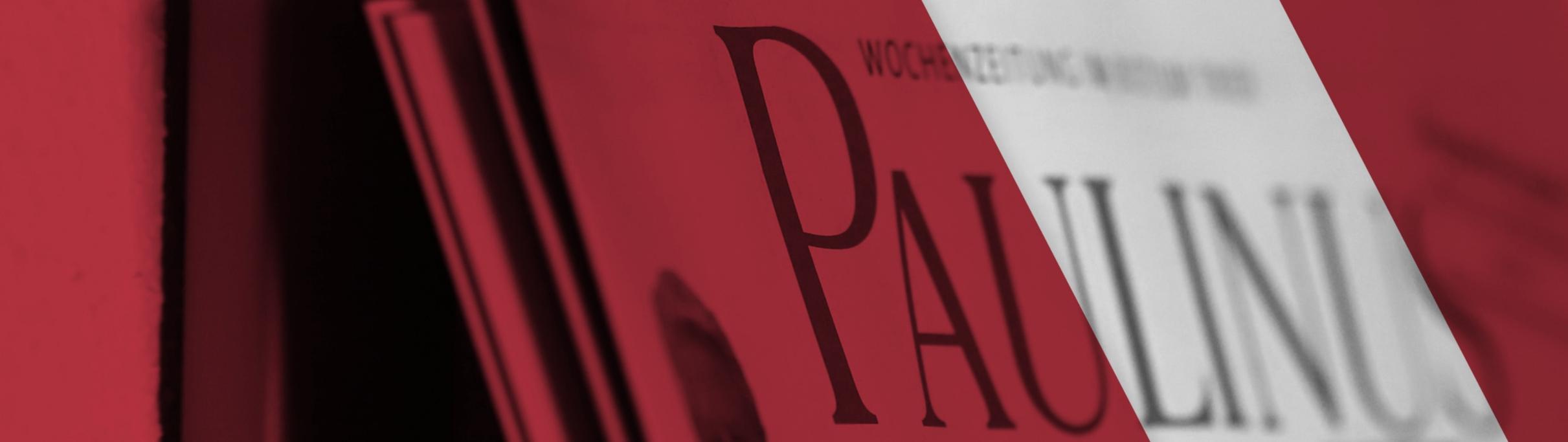 Man sieht ein Banner mit einem roten Hintergrund und mit Zeitungen. Darüber steht 'Weitere Nachrichten gibt es im gemeinsamen Newsportal von Paulinus und Bistum Trier.