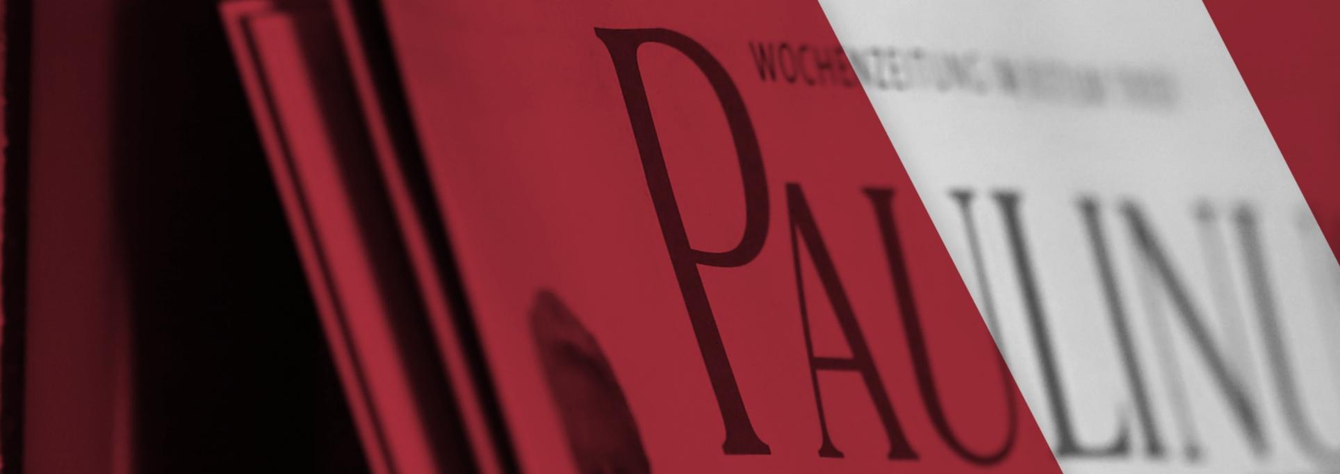 Man sieht ein Banner mit einem roten Hintergrund und mit Zeitungen. Darüber steht 'Weitere Nachrichten gibt es im gemeinsamen Newsportal von Paulinus und Bistum Trier.
