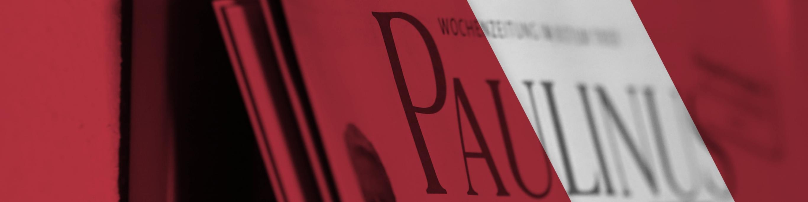 Man sieht ein Banner mit einem roten Hintergrund und mit Zeitungen. Darüber steht 'Weitere Nachrichten gibt es im gemeinsamen Newsportal von Paulinus und Bistum Trier.