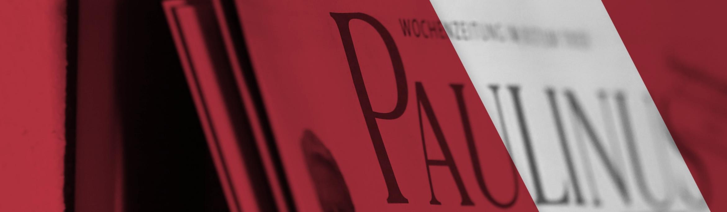 Man sieht ein Banner mit einem roten Hintergrund und mit Zeitungen. Darüber steht 'Weitere Nachrichten gibt es im gemeinsamen Newsportal von Paulinus und Bistum Trier.