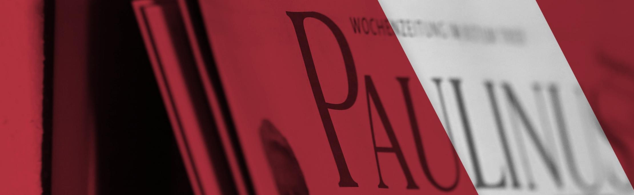 Man sieht ein Banner mit einem roten Hintergrund und mit Zeitungen. Darüber steht 'Weitere Nachrichten gibt es im gemeinsamen Newsportal von Paulinus und Bistum Trier.