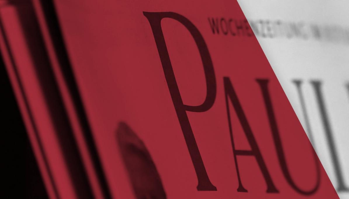 Man sieht ein Banner mit einem roten Hintergrund und mit Zeitungen. Darüber steht 'Weitere Nachrichten gibt es im gemeinsamen Newsportal von Paulinus und Bistum Trier.