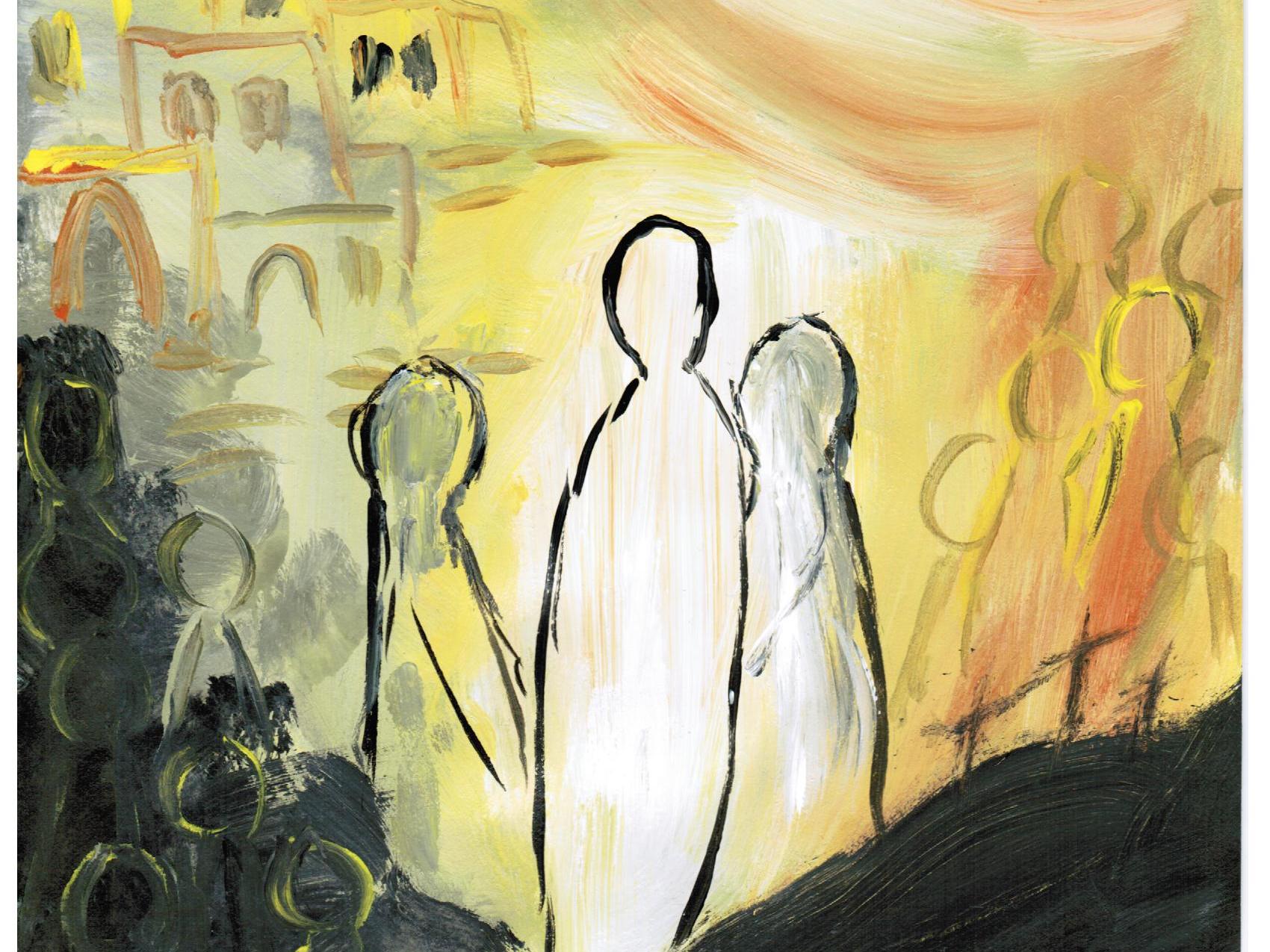 Ein mit viel gelb gemaltes Bild mit einer Taube und drei Figuren.